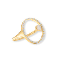 Load image into Gallery viewer, 14 Karat Gold Plated Floating Rainbow Moonstone and CZ Circle Ring
