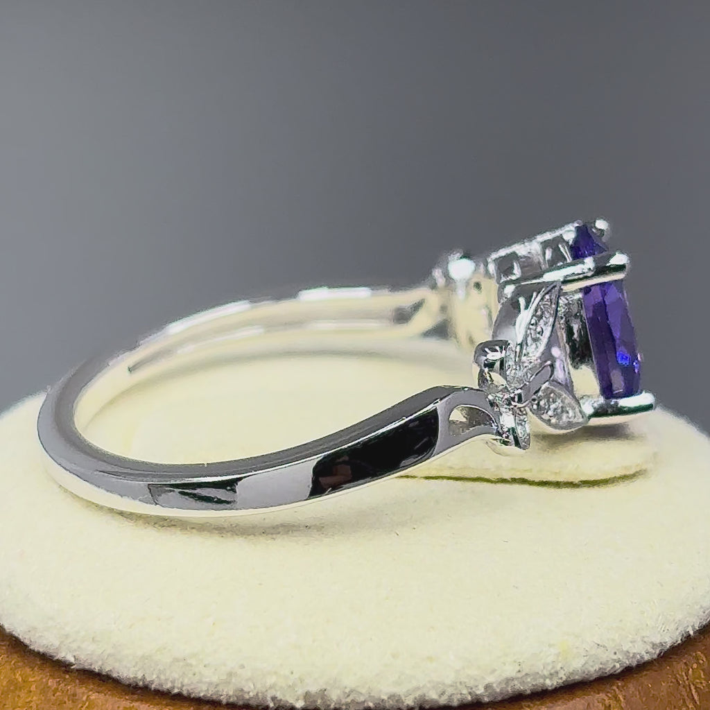 Sterling Silver Double Butterfly Amethyst Center Stone CZ Ring -7