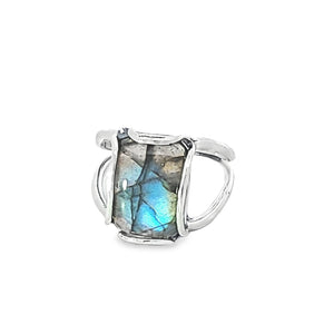 Sterling cabochon rectangle labradorite ring, size 8