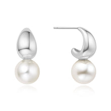 Load image into Gallery viewer, Silver Shell Pearl Dome Hoop Earrings