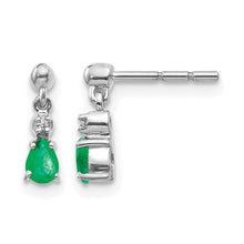Load image into Gallery viewer, 14k White Gold 4x3mm Pear Emerald and Diamond Dangle Post Earrings