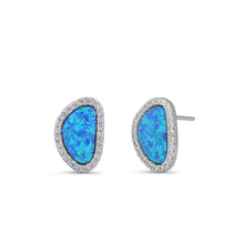 Load image into Gallery viewer, Sterling Silver Blue Lab Opal &amp; Clear CZ Offset Stud Earrings