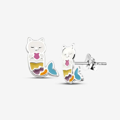 Cat Mermaid Enamel Silver Childrens Stud Earring