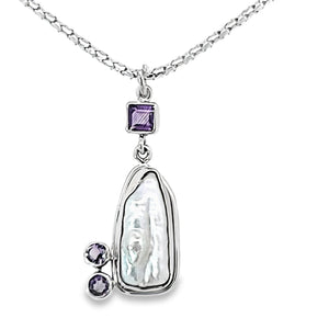 Sterling biwa pearl and amethyst necklace