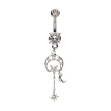 Load image into Gallery viewer, Multi Clear Gem Crescent Moon &amp; Star Celestial Dangle Navel
