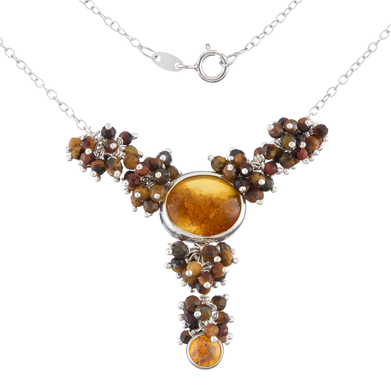 Orna Necklace: Sterling Silver, Amber and Tiger Eye