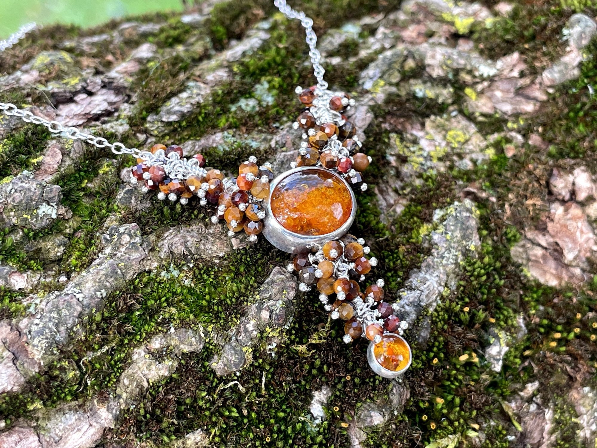 Orna Necklace: Sterling Silver, Amber and Tiger Eye