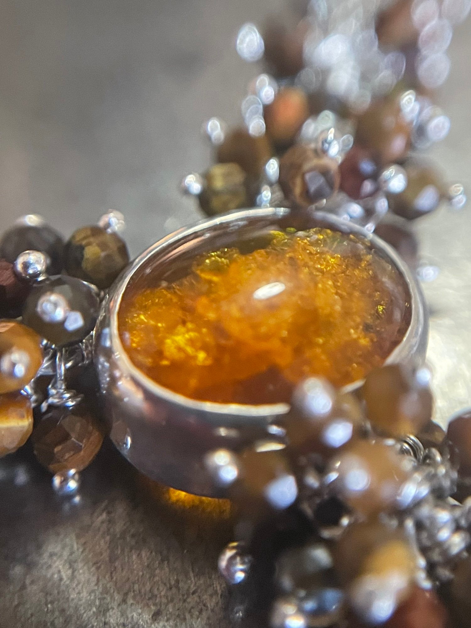 Orna Necklace: Sterling Silver, Amber and Tiger Eye