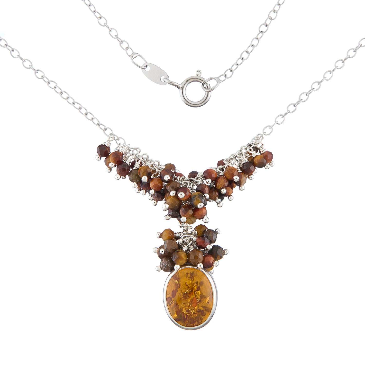 Papina Necklace: Sterling Silver, Amber and Tiger Eye