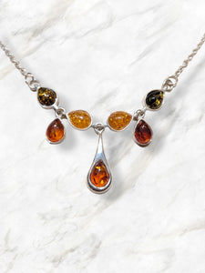 Amber teardrop and sterling silver necklace