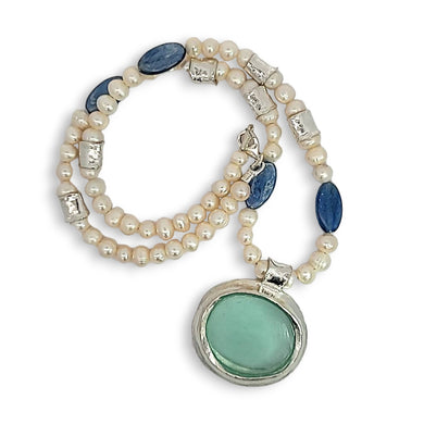 Green Roman Glass Pendant on White Pearl and Kyanite Chain