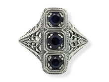 Load image into Gallery viewer, Sterling Sapphire 3 Stone Filigree Ring