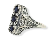 Load image into Gallery viewer, Sterling Sapphire 3 Stone Filigree Ring