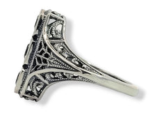 Load image into Gallery viewer, Sterling Sapphire 3 Stone Filigree Ring