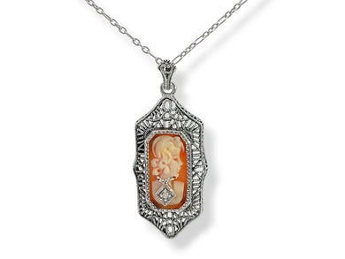 Sterling Hand Carved Italian Shell Cameo with Diamond