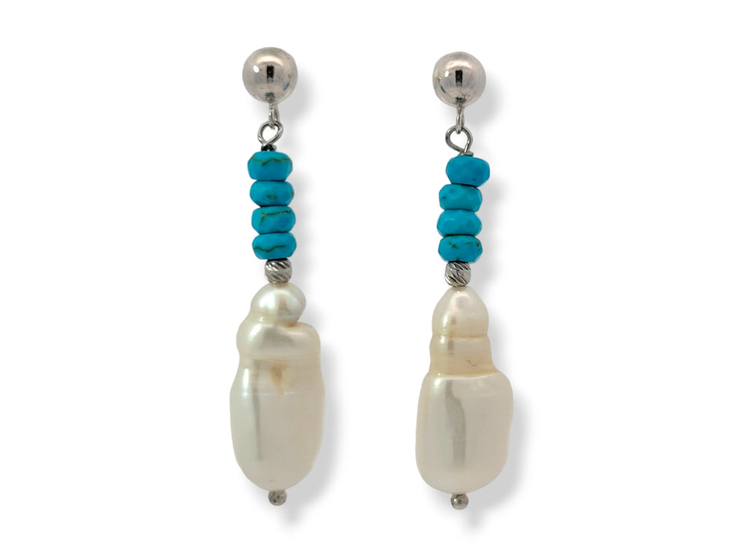 Sterling Turquoise and Biwa Pearl Dangle Earring