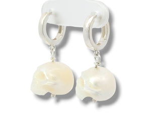 Sterling Silver Carved Pearl Skull Dangle Earrings