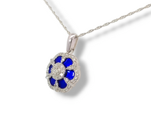 Load image into Gallery viewer, 10KW 1/5 CTW 47 Round Diamonds and Blue Enamel Flower Shaped Pendant