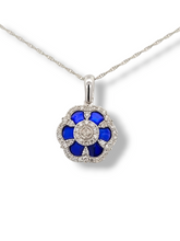 Load image into Gallery viewer, 10KW 1/5 CTW 47 Round Diamonds and Blue Enamel Flower Shaped Pendant
