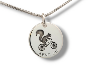 Black Squirrel Cyclist Disc Style Pendants and Necklaces