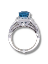 Load image into Gallery viewer, 14KW Checkerboard Blue Topaz and Diamond Ring