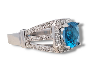 14KW Checkerboard Blue Topaz and Diamond Ring