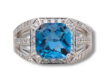 Load image into Gallery viewer, 14KW Checkerboard Blue Topaz and Diamond Ring