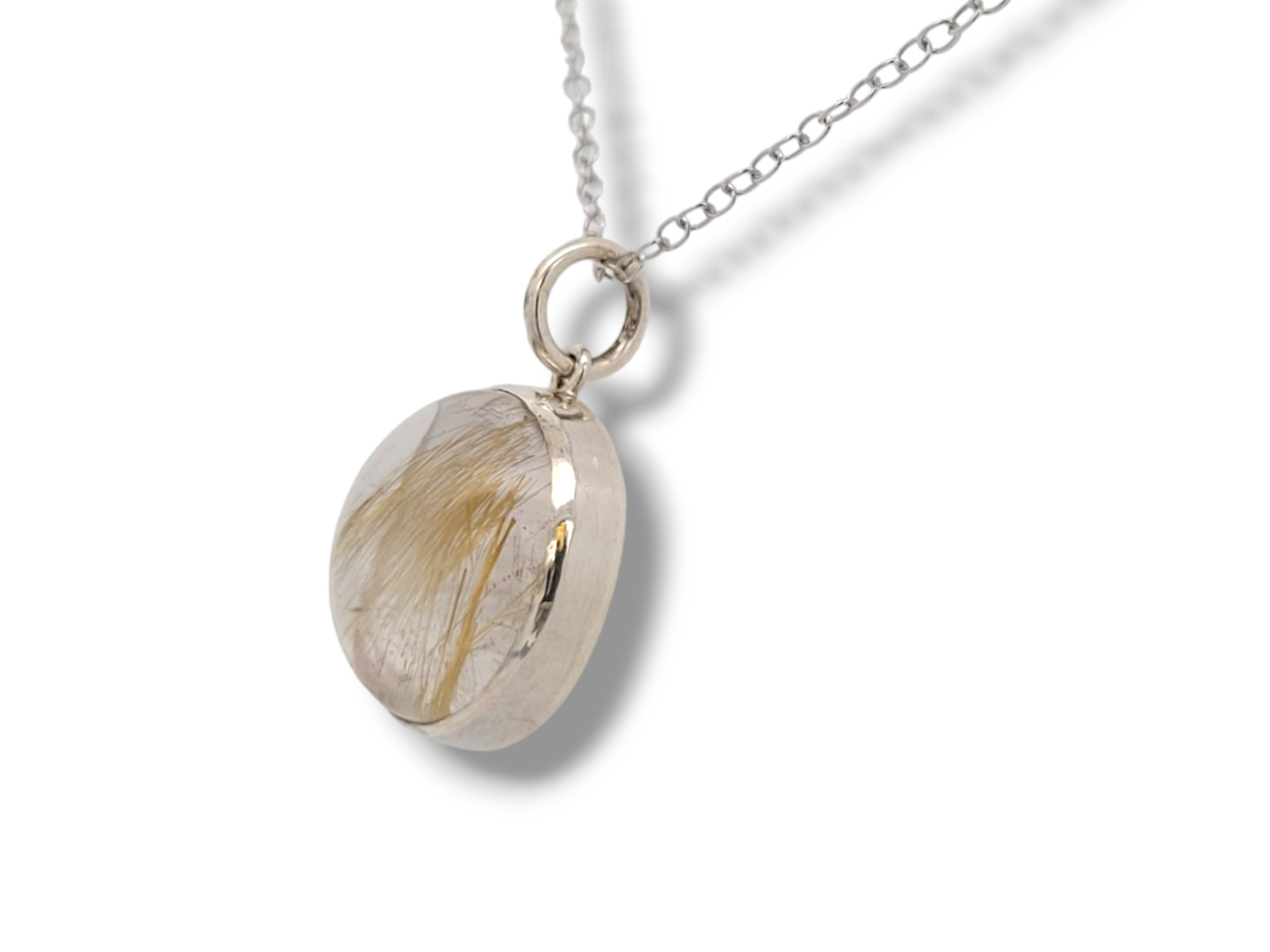 Gold Rutilated Quartz and  Sterling Silver Round Pendant