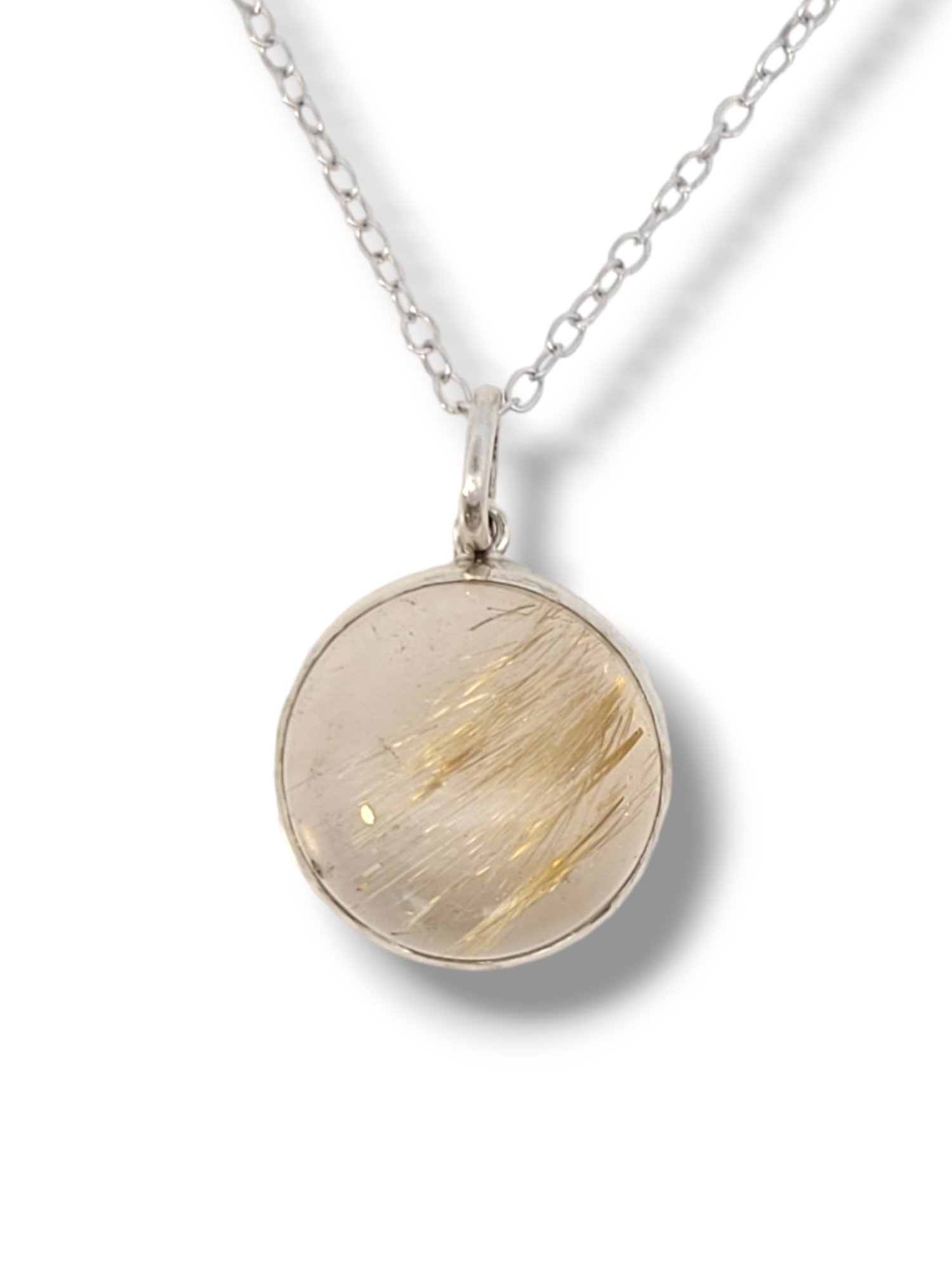 Gold Rutilated Quartz and  Sterling Silver Round Pendant
