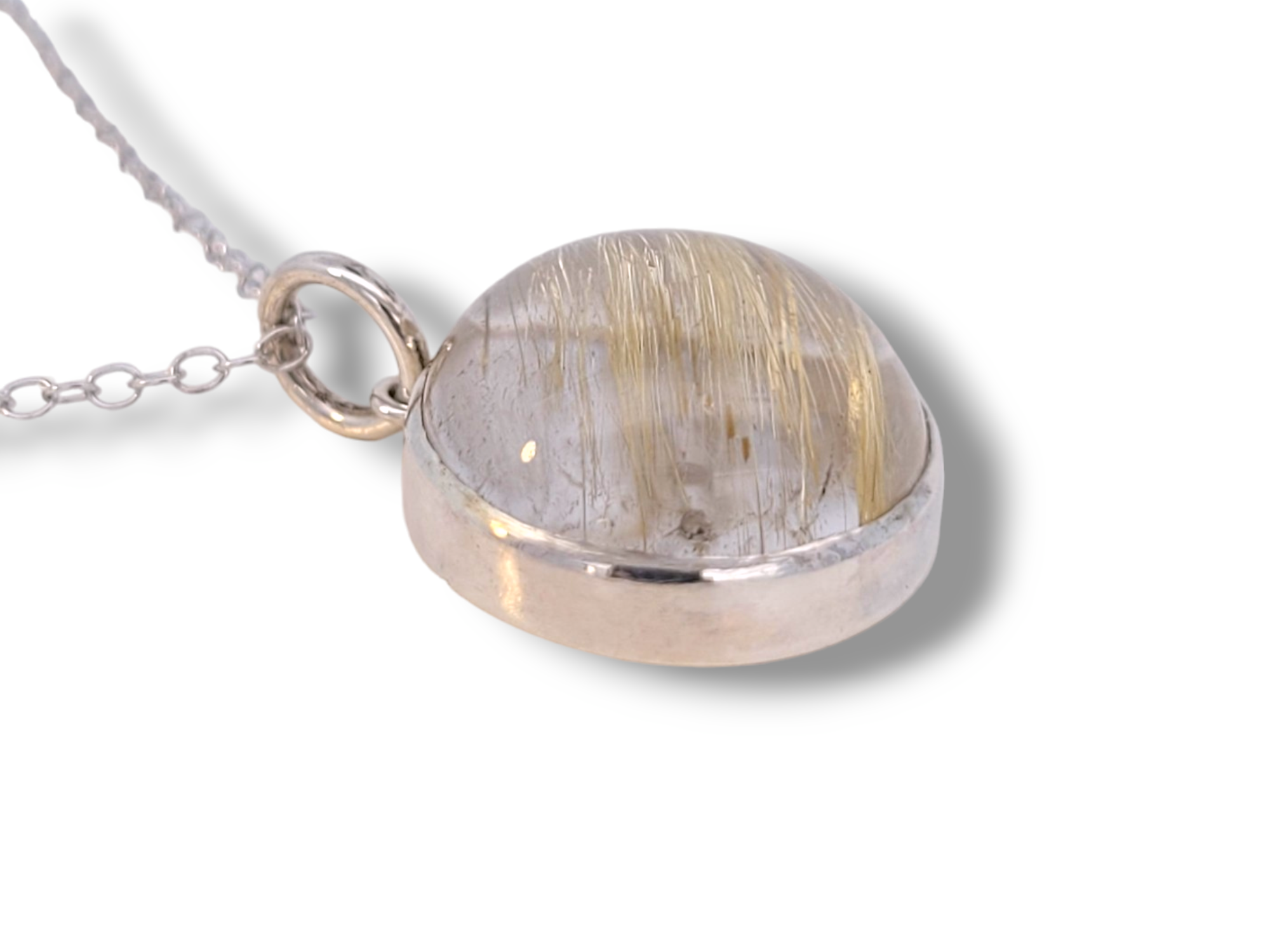Gold Rutilated Quartz and  Sterling Silver Round Pendant