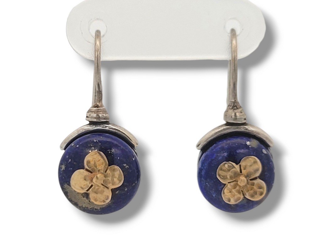 Two Tone Floral Lapis Lazuli Hook Earrings