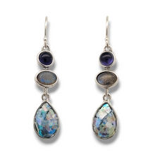 Load image into Gallery viewer, Amethyst Labradorite Teardrop Ancient Roman Glass Sterling Silver Earrings
