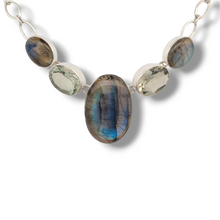 Load image into Gallery viewer, Sterling Silver Oval Labradorite Cabochon and Green Amethyst Necklace