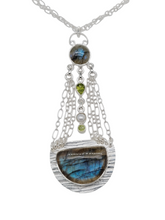 Load image into Gallery viewer, Sterling Silver Freeform Labradorite, Tourmaline and Pearl Double Chain Necklace