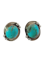 Load image into Gallery viewer, Sterling Silver Oval Bezel-Set Beaded Detail Turquoise Earrings