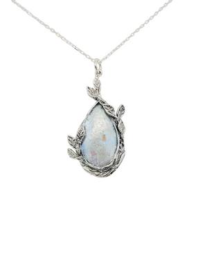 Sterling leaves around tear drop Roman Glass pendant on chain