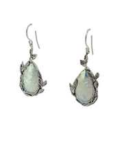 Load image into Gallery viewer, Sterling leaves around tear drop Roman Glass earrings