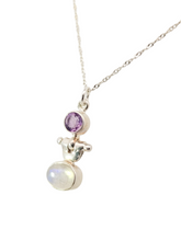 Load image into Gallery viewer, Sterling oval moonstone and round amethyst necklace