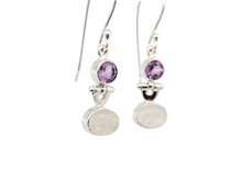 Load image into Gallery viewer, Sterling oval moonstone and round amethyst earrings