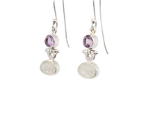 Load image into Gallery viewer, Sterling oval moonstone and round amethyst earrings