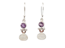 Load image into Gallery viewer, Sterling oval moonstone and round amethyst earrings