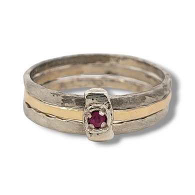 9KY Gold and Sterling Ruby Free Moving Triple Band Ring