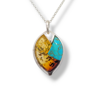 Sterling Silver Amber and Turquoise Large Drop Necklace