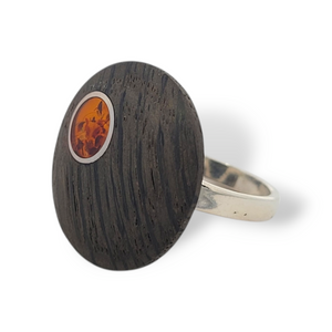 Sterling Silver Amber and Wood Concentric Circles Ring