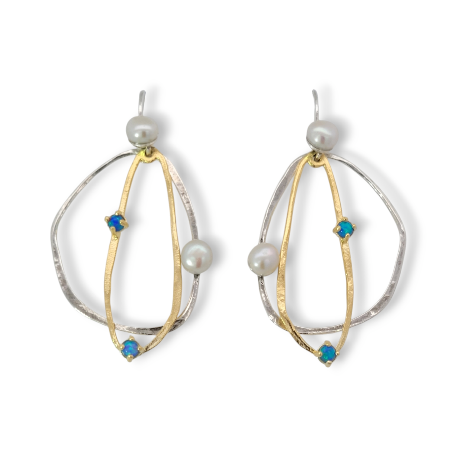 Two Tone Organic Earrings with Pearls and Created Opals