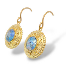 Load image into Gallery viewer, Filigree Bezel with Roman Glass - 14k Gold Plated Earrings