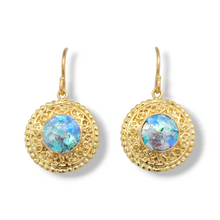Load image into Gallery viewer, Filigree Bezel with Roman Glass - 14k Gold Plated Earrings