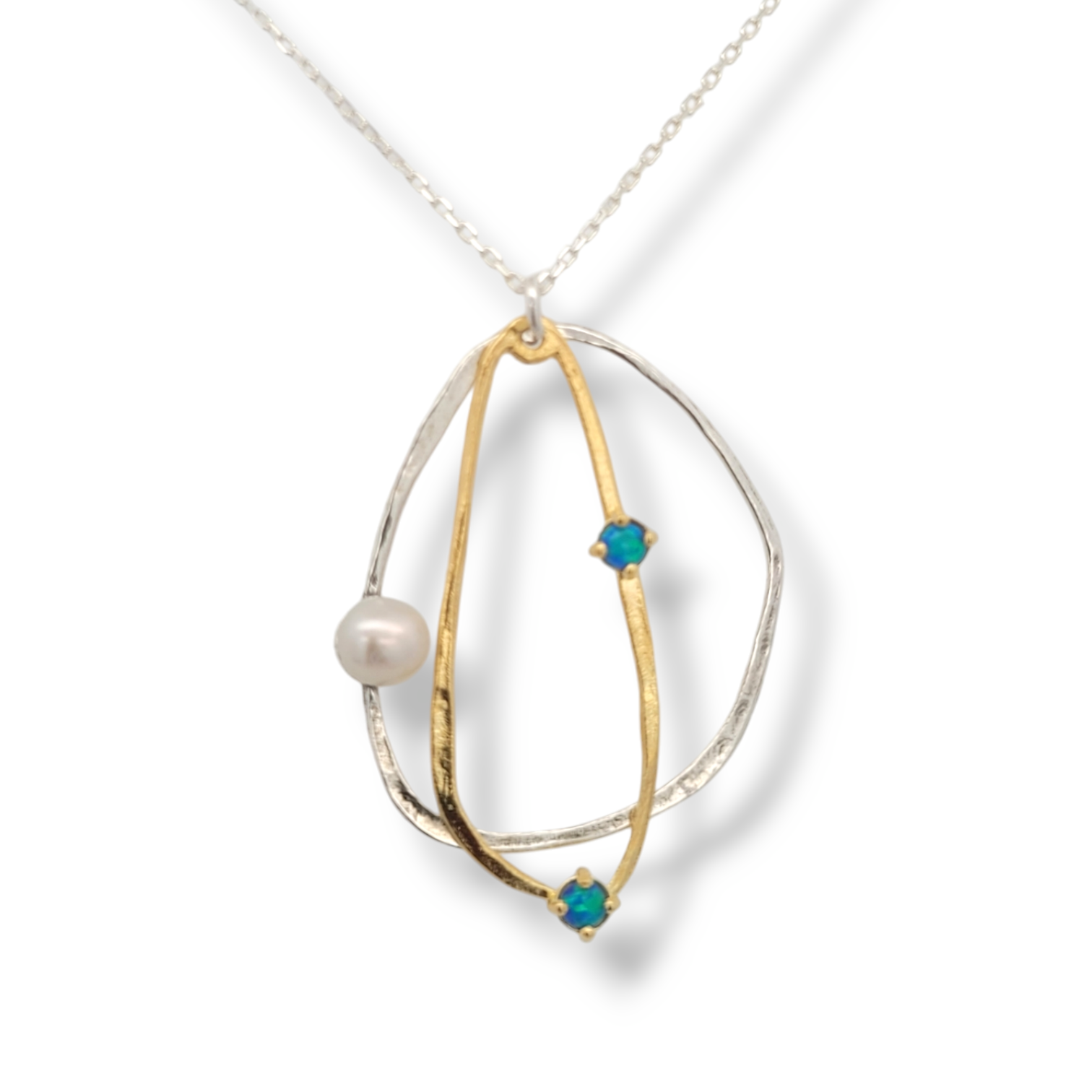 Two Tone Organic Necklace With Pearls and Created Opals