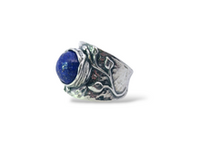 Load image into Gallery viewer, Sterling Silver Round Faceted Lapis Ring with Vine Detail