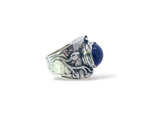 Load image into Gallery viewer, Sterling Silver Round Faceted Lapis Ring with Vine Detail